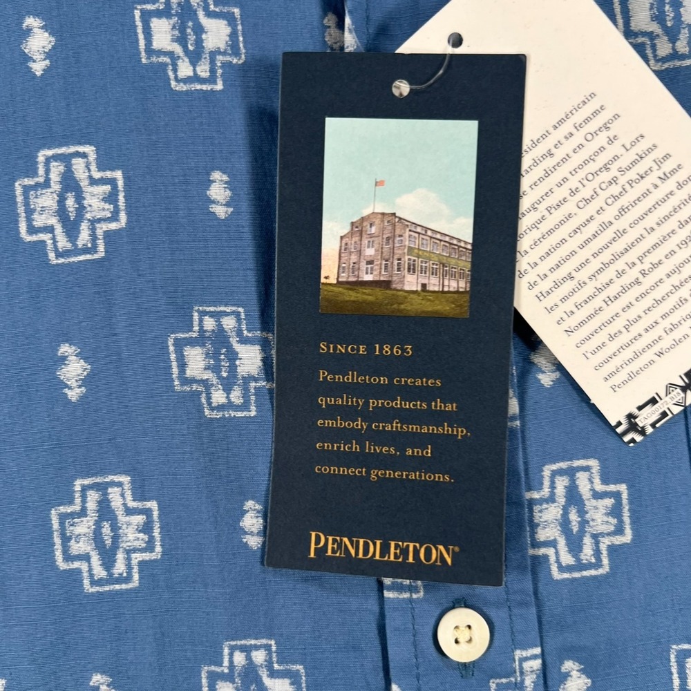 Pendleton Shirt Mens Large Blue Geometric Short Sleeve Button Comfort New - Picture 10 of 15
